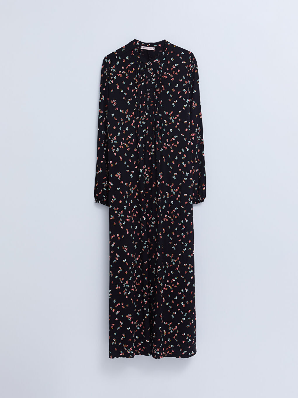 Siyah Bisiklet Yaka Desenli Uzun Kollu A Kesim Viskon Kadın Elbise-5