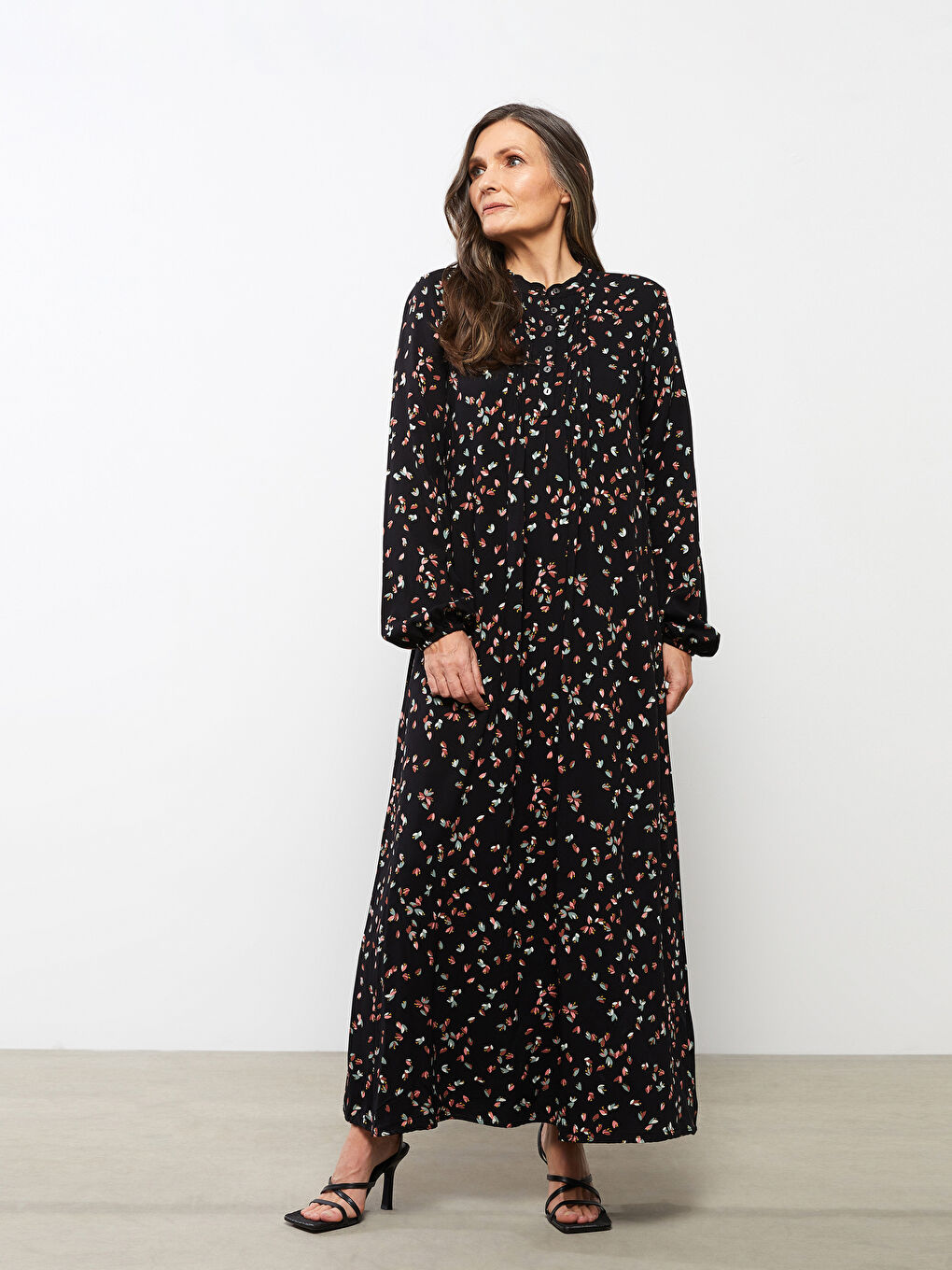 Siyah Bisiklet Yaka Desenli Uzun Kollu A Kesim Viskon Kadın Elbise-1