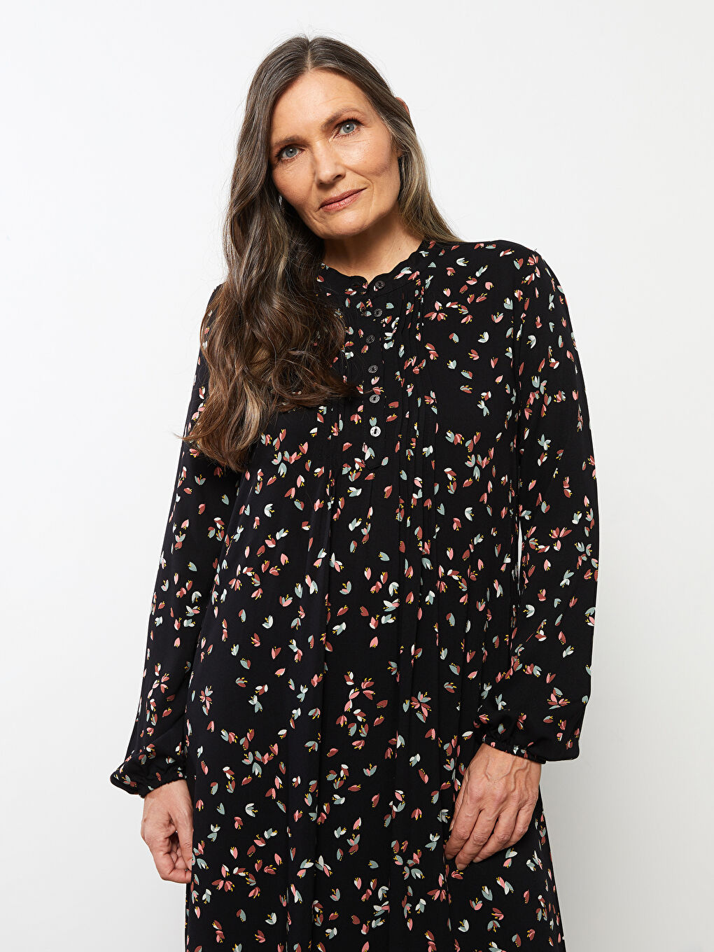 Siyah Bisiklet Yaka Desenli Uzun Kollu A Kesim Viskon Kadın Elbise-2