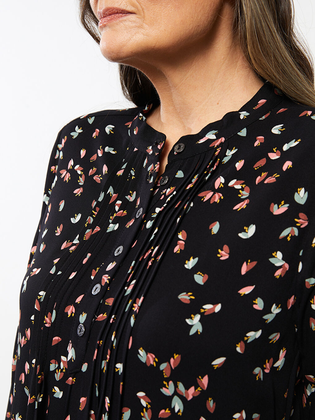 Siyah Bisiklet Yaka Desenli Uzun Kollu A Kesim Viskon Kadın Elbise-3