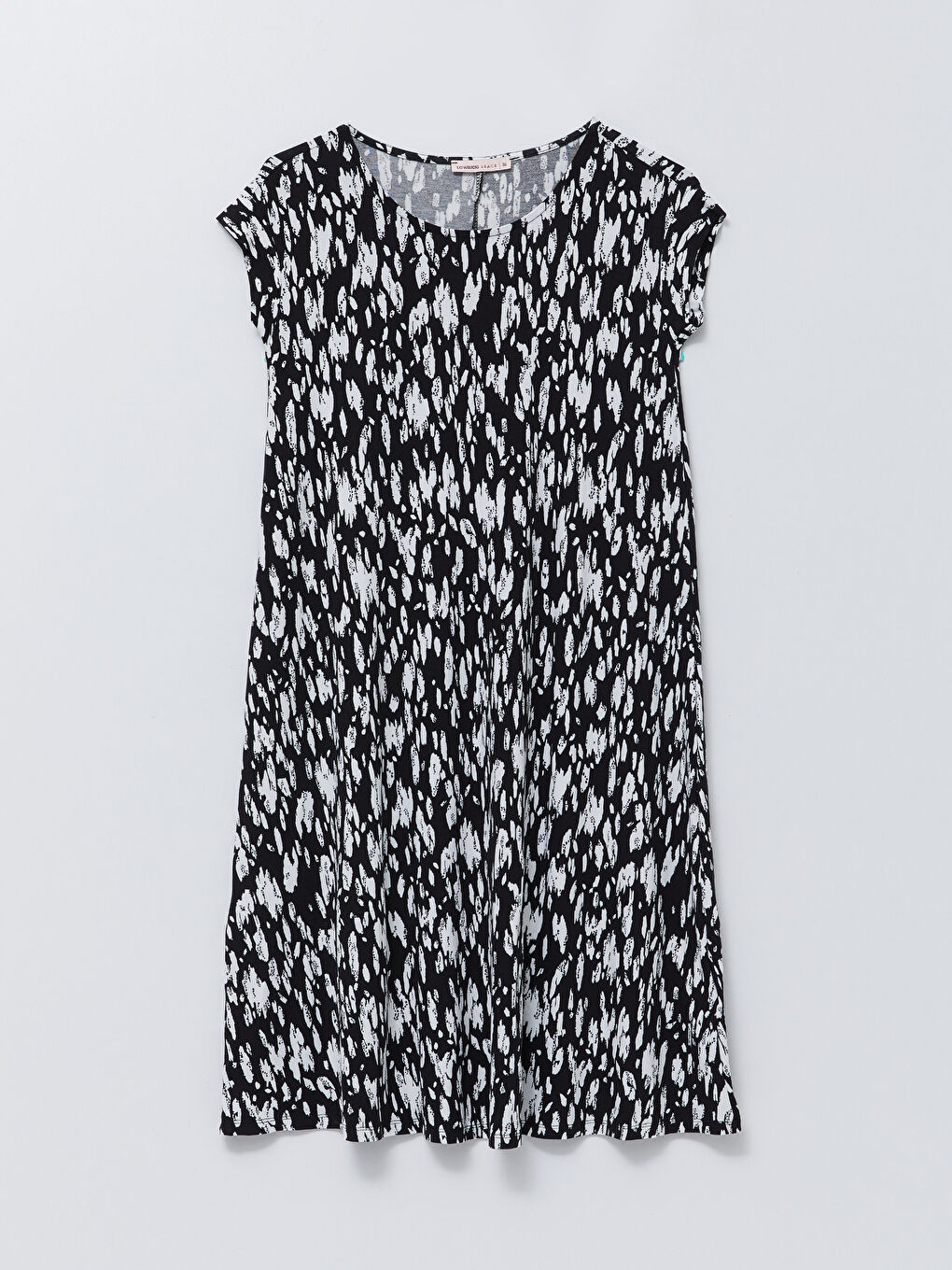 Siyah Bisiklet Yaka Desenli Kısa Kollu A Kesim Kadın Elbise-5