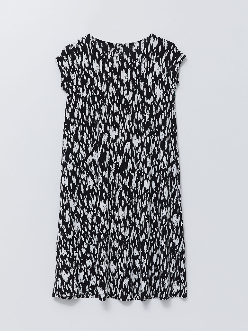 Siyah Bisiklet Yaka Desenli Kısa Kollu A Kesim Kadın Elbise-6