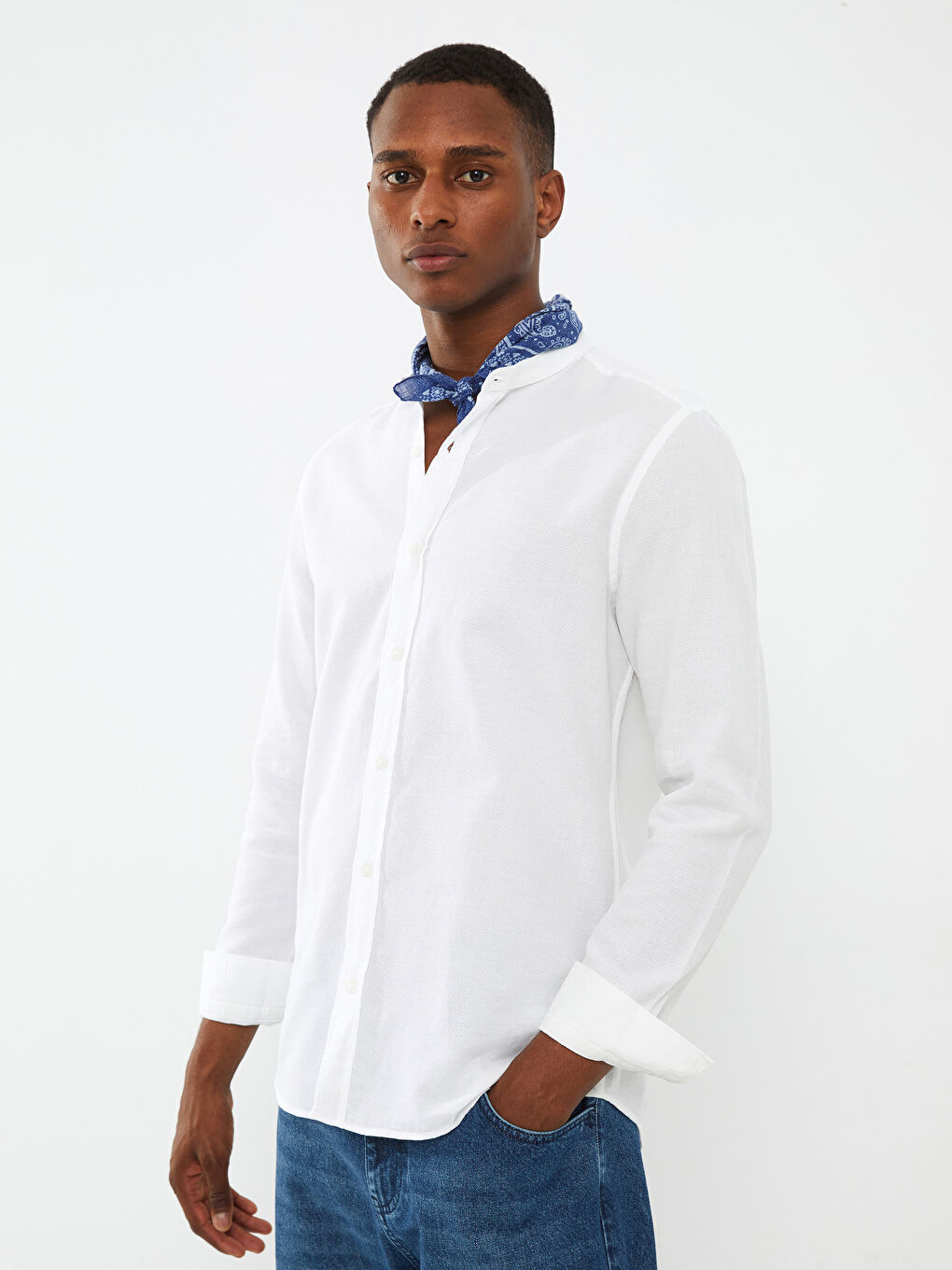 قميص رجالي كم طويل ياقة مندرين بقصة رفيعة-3