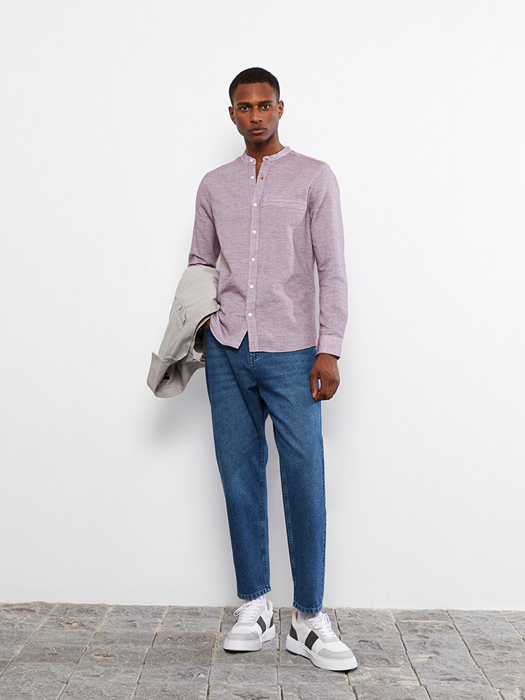 قميص رجالي كم طويل ياقة مندرين بقصة رفيعة