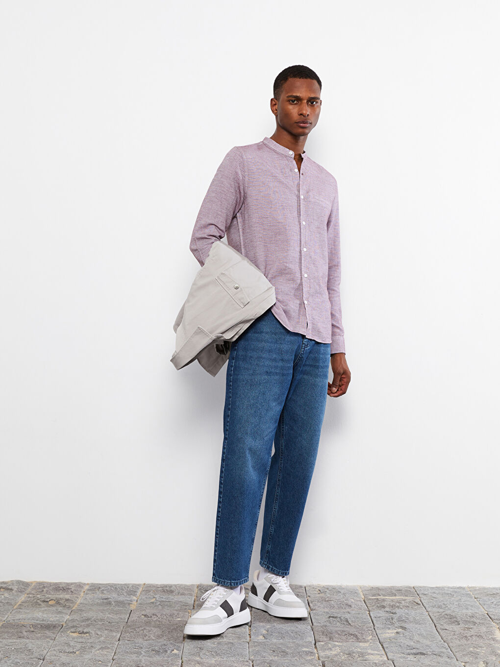 قميص رجالي كم طويل ياقة مندرين بقصة رفيعة-1