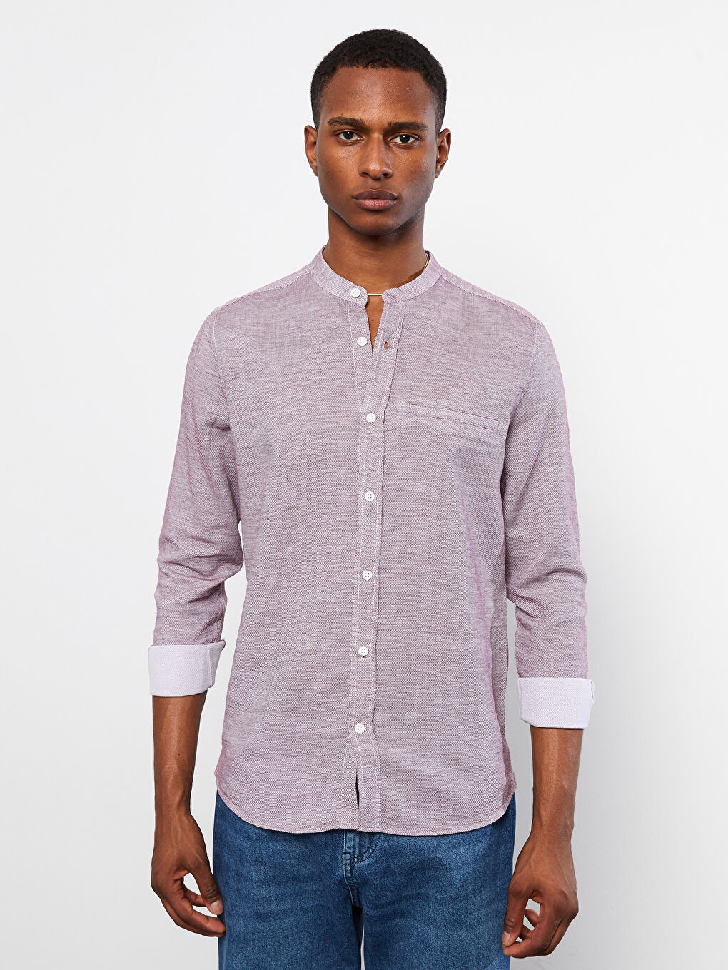 قميص رجالي كم طويل ياقة مندرين بقصة رفيعة-3