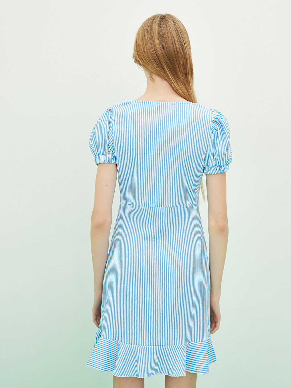 Mavi Kare Yaka Çizgili Kısa Kollu Kadın Elbise-5