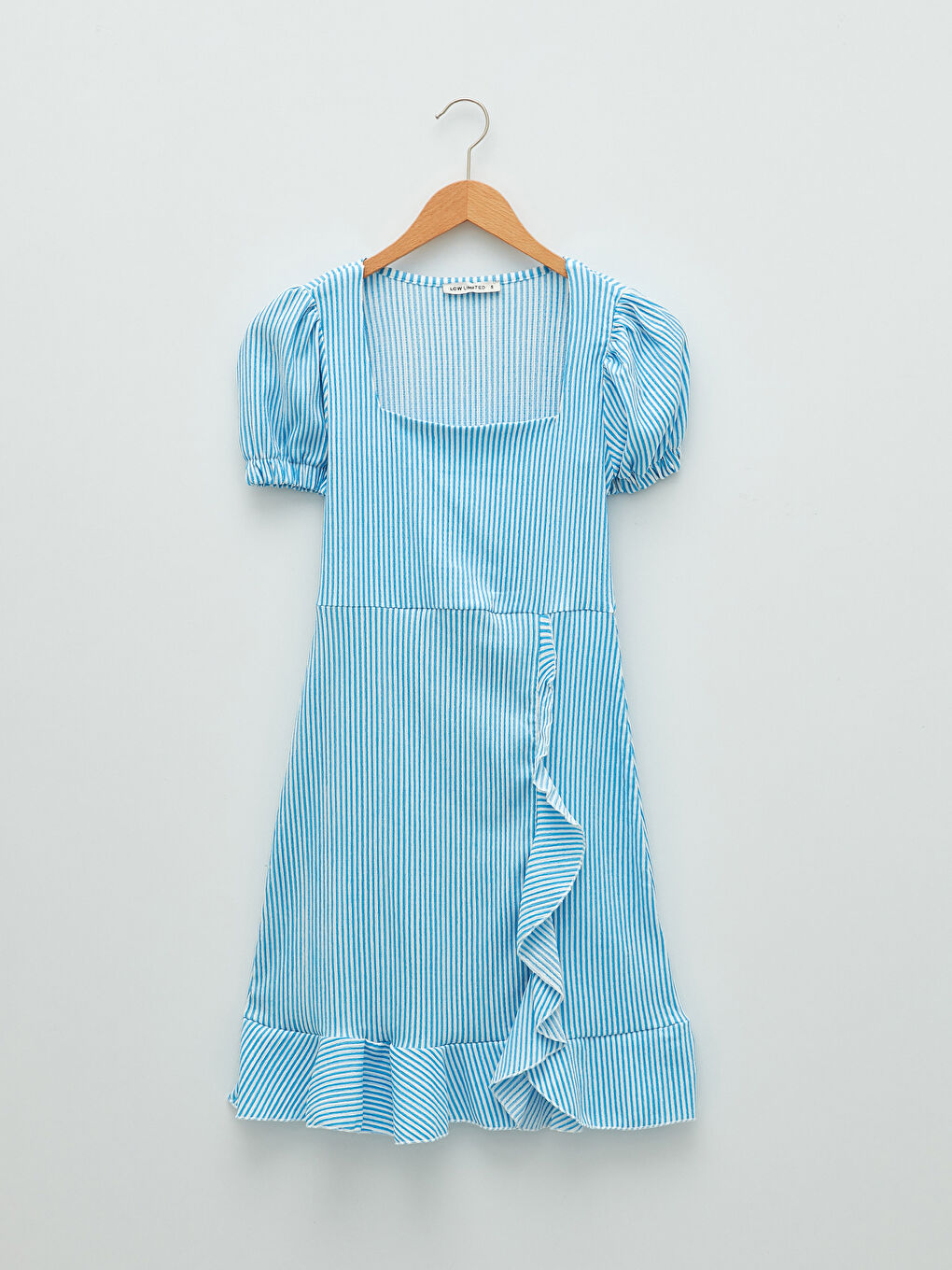 Mavi Kare Yaka Çizgili Kısa Kollu Kadın Elbise-6