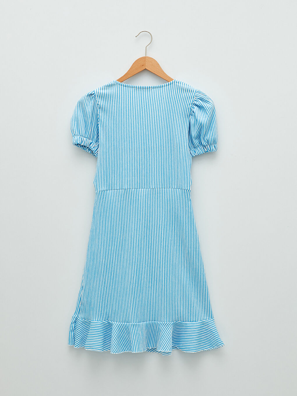 Mavi Kare Yaka Çizgili Kısa Kollu Kadın Elbise-7