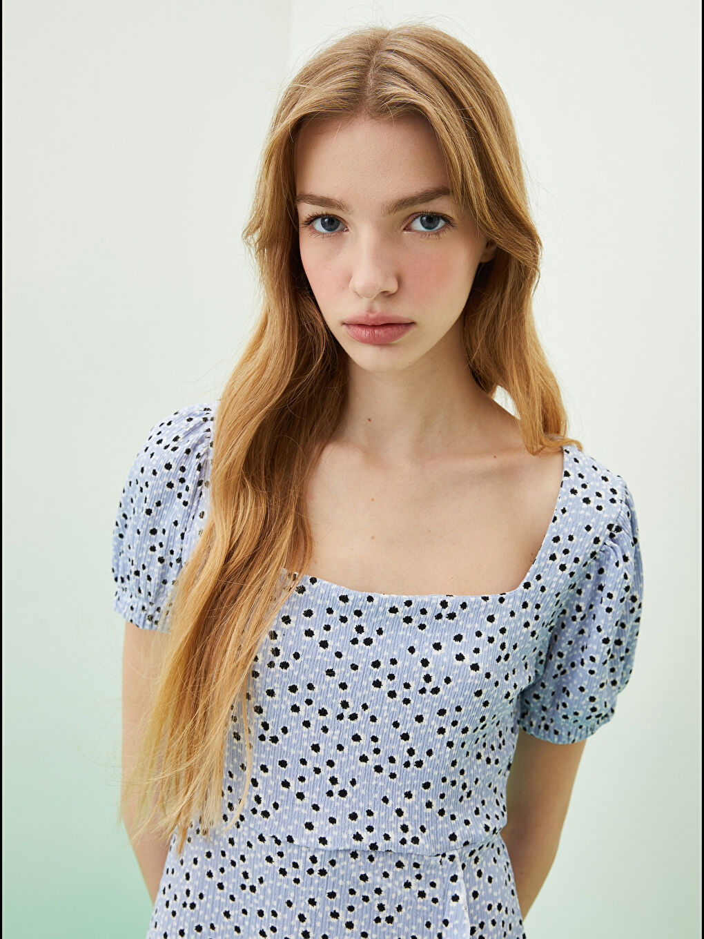 Lila Kare Yaka Desenli Kısa Kollu Kadın Elbise-2