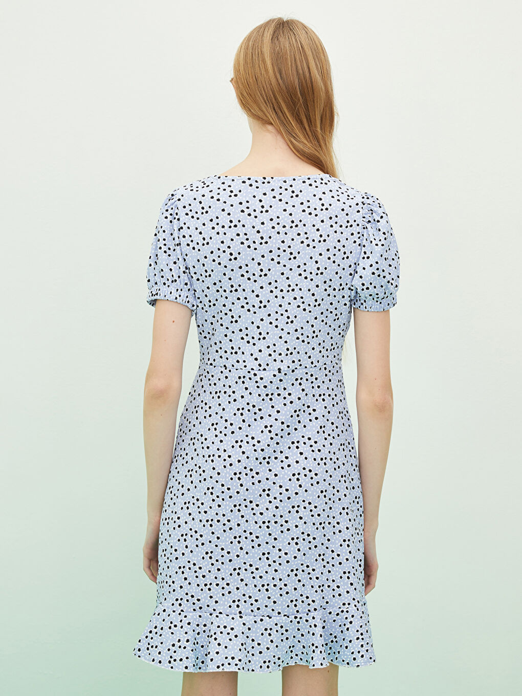 Lila Kare Yaka Desenli Kısa Kollu Kadın Elbise-4