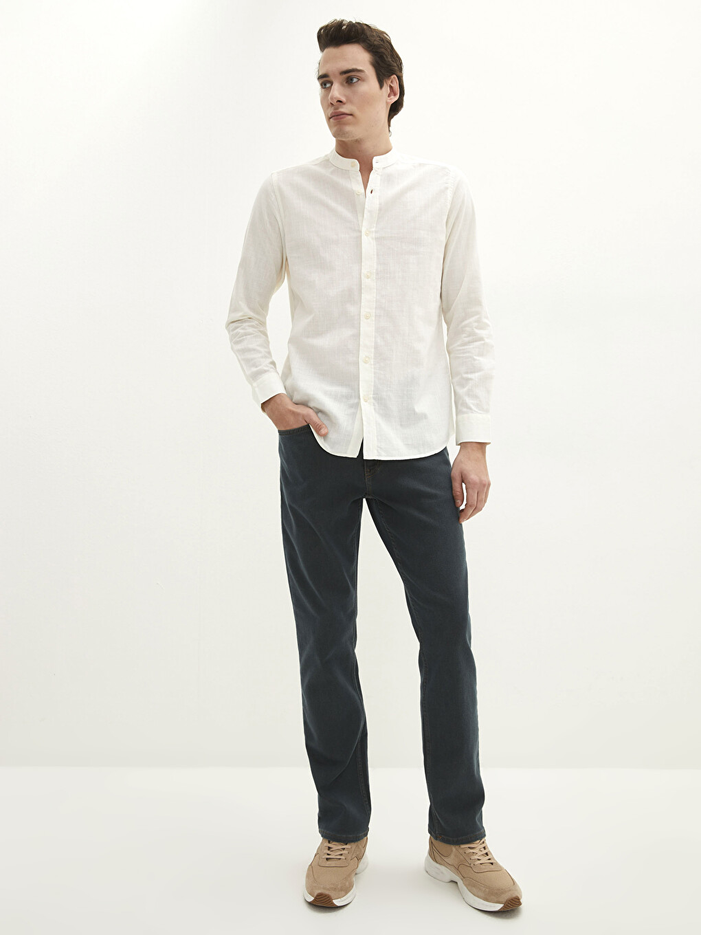 Ekru Slim Fit Hakim Yaka Uzun Kollu Erkek Gömlek-2
