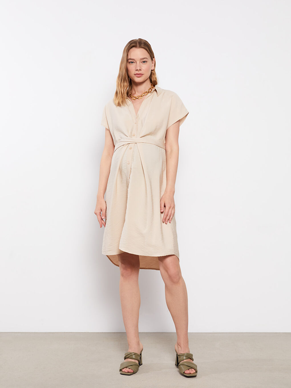 Shirt Collar Plain Short Sleeve Maternity Dress -S2FA91Z8-G1Y