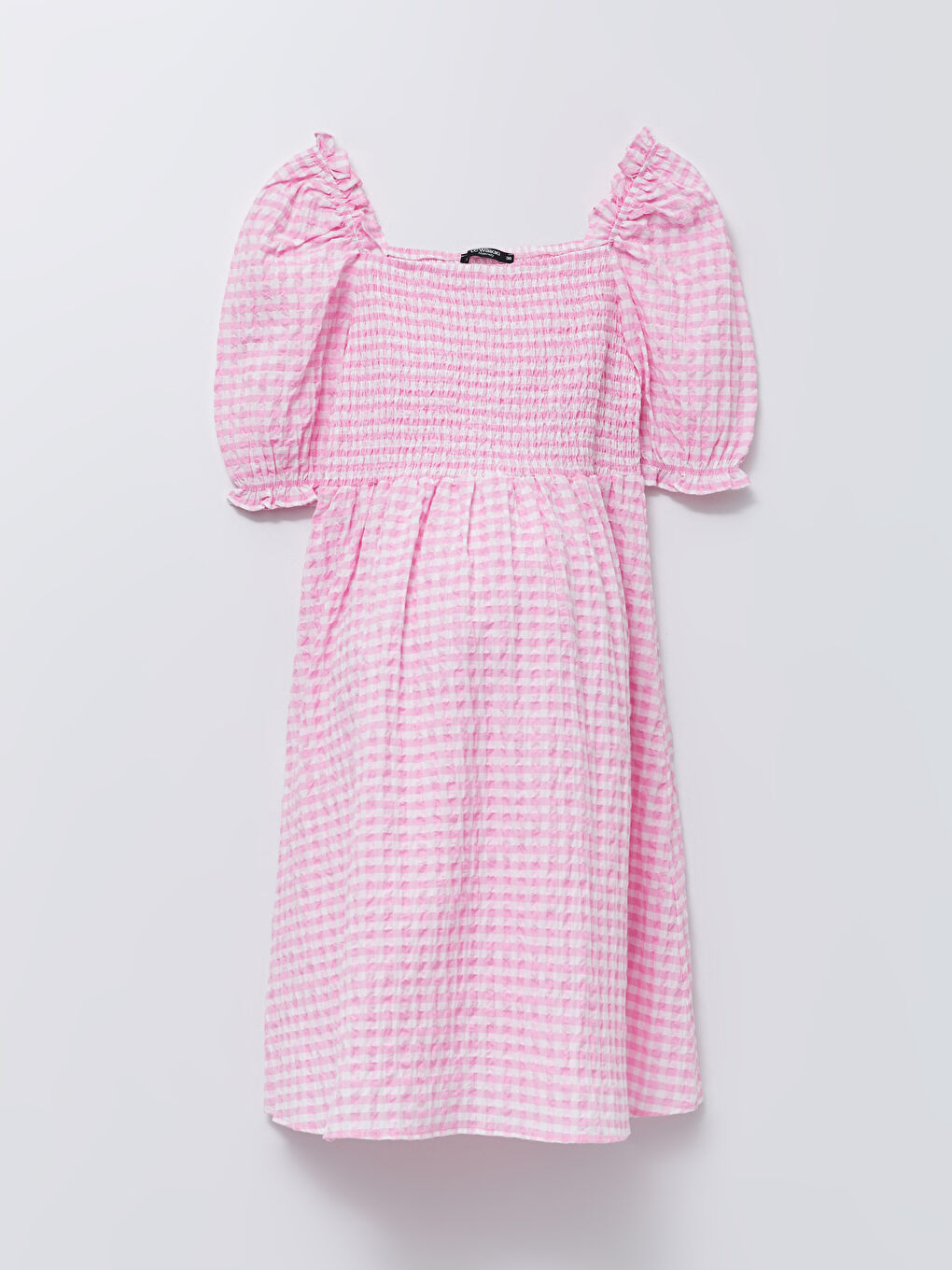 Pembe Kare Yaka Ekose Kısa Kollu Poplin Hamile Elbise-8
