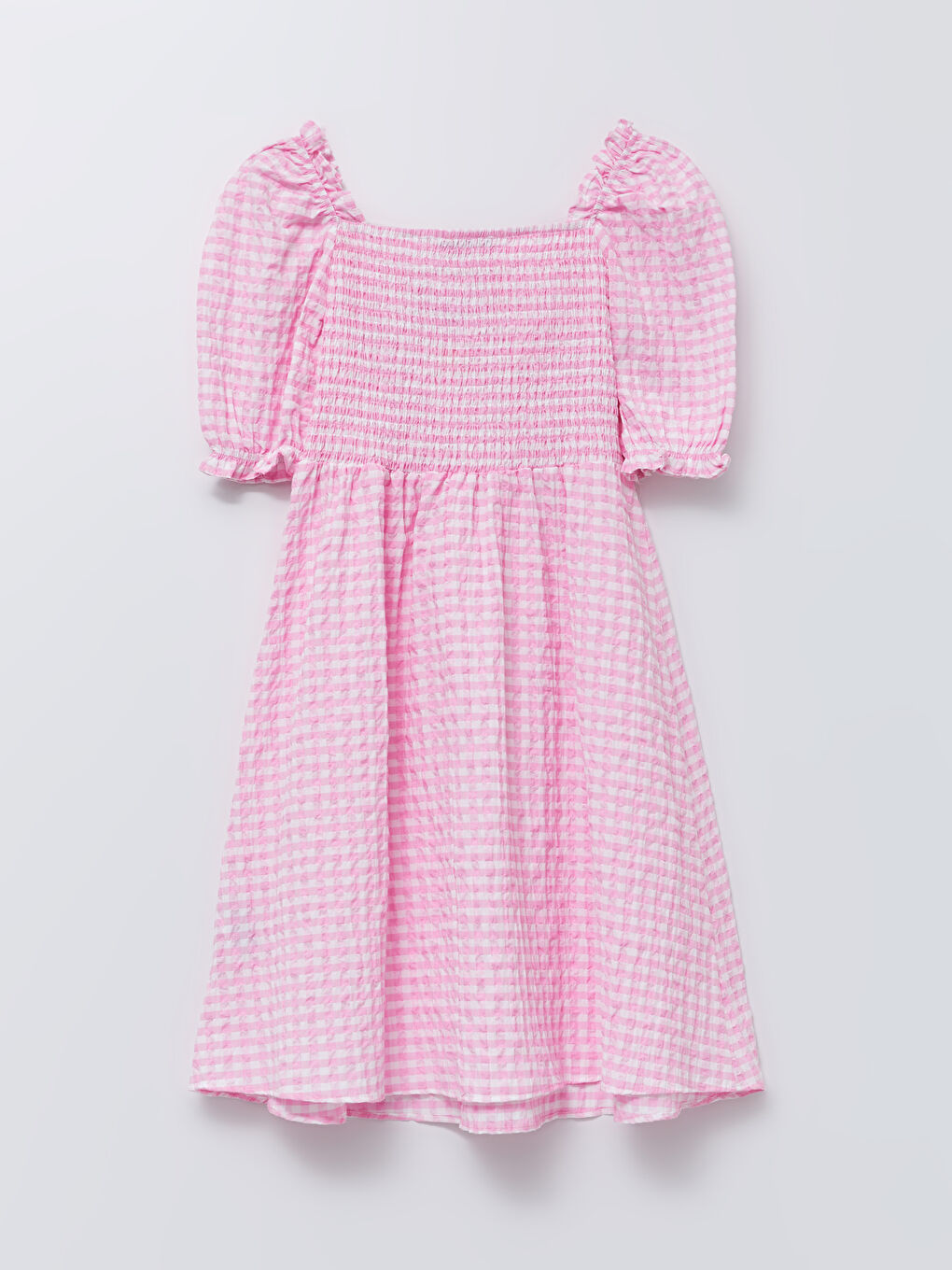 Pembe Kare Yaka Ekose Kısa Kollu Poplin Hamile Elbise-9