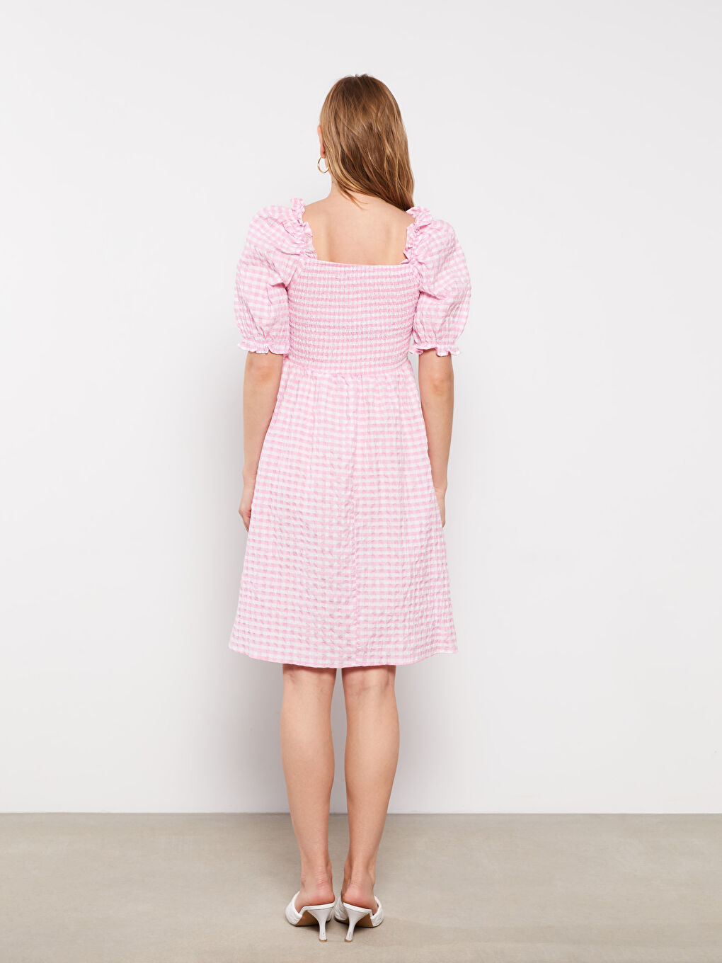 Pembe Kare Yaka Ekose Kısa Kollu Poplin Hamile Elbise-7