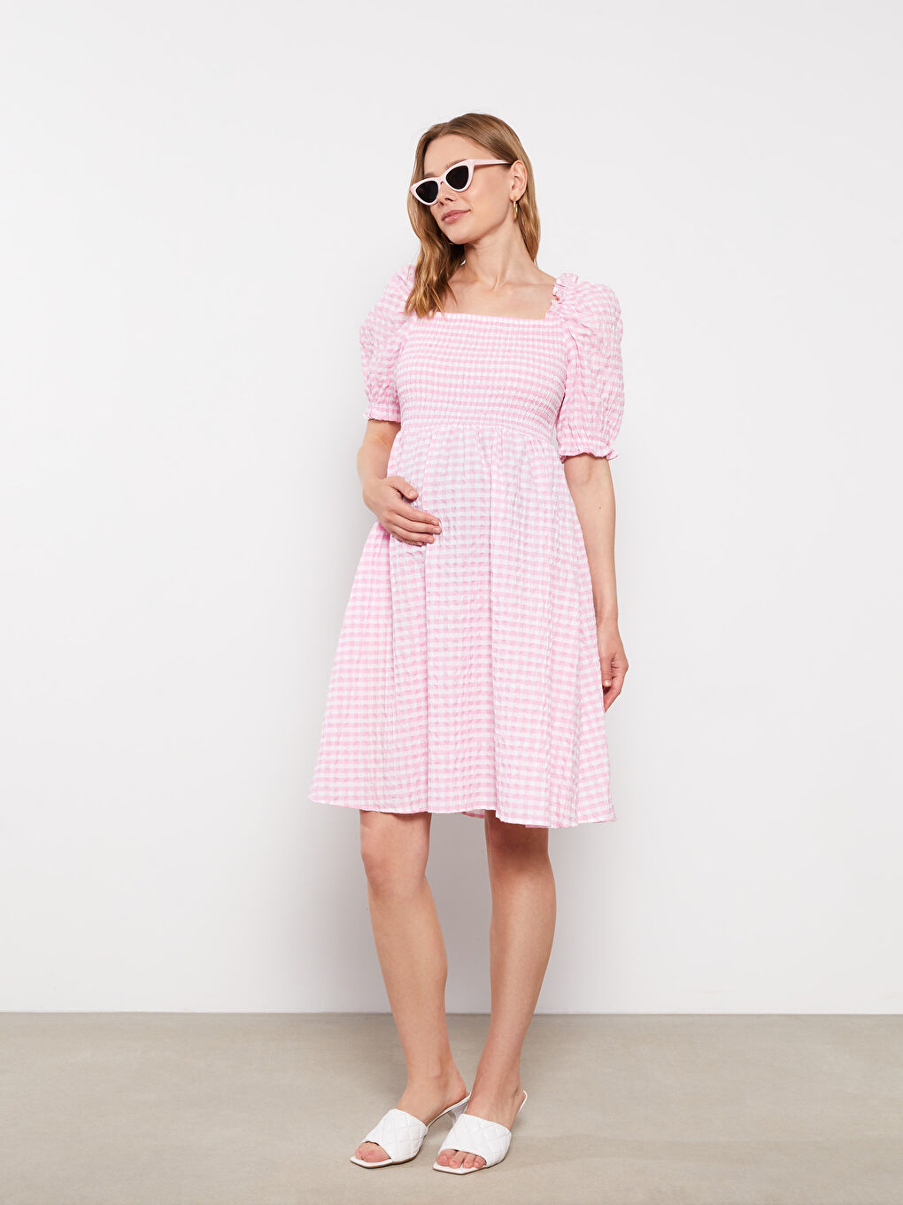 Pembe Kare Yaka Ekose Kısa Kollu Poplin Hamile Elbise