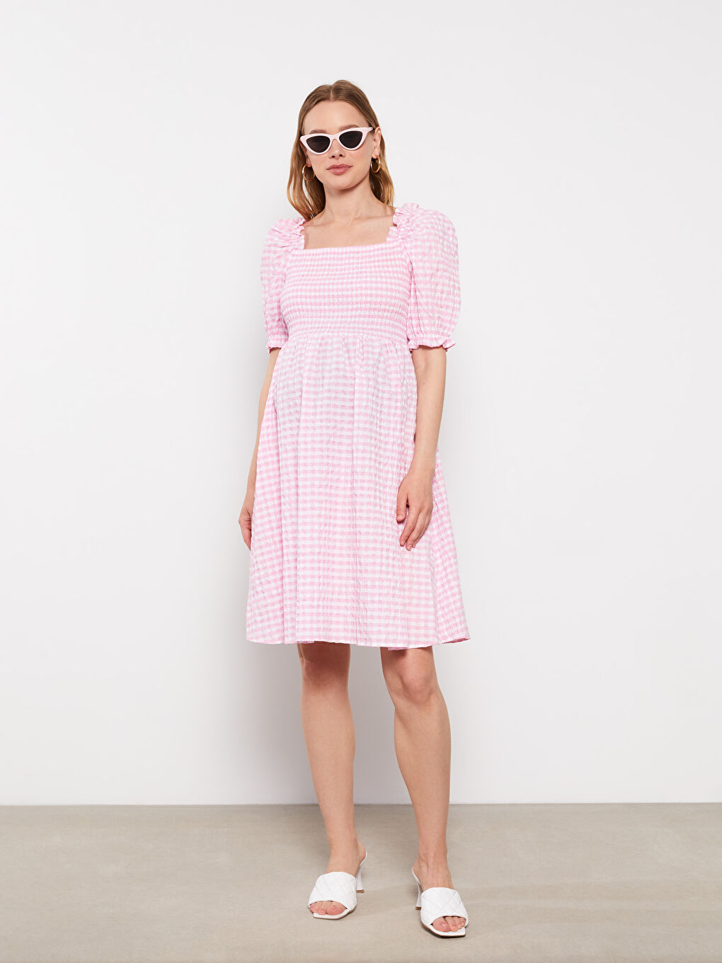 Pembe Kare Yaka Ekose Kısa Kollu Poplin Hamile Elbise-1