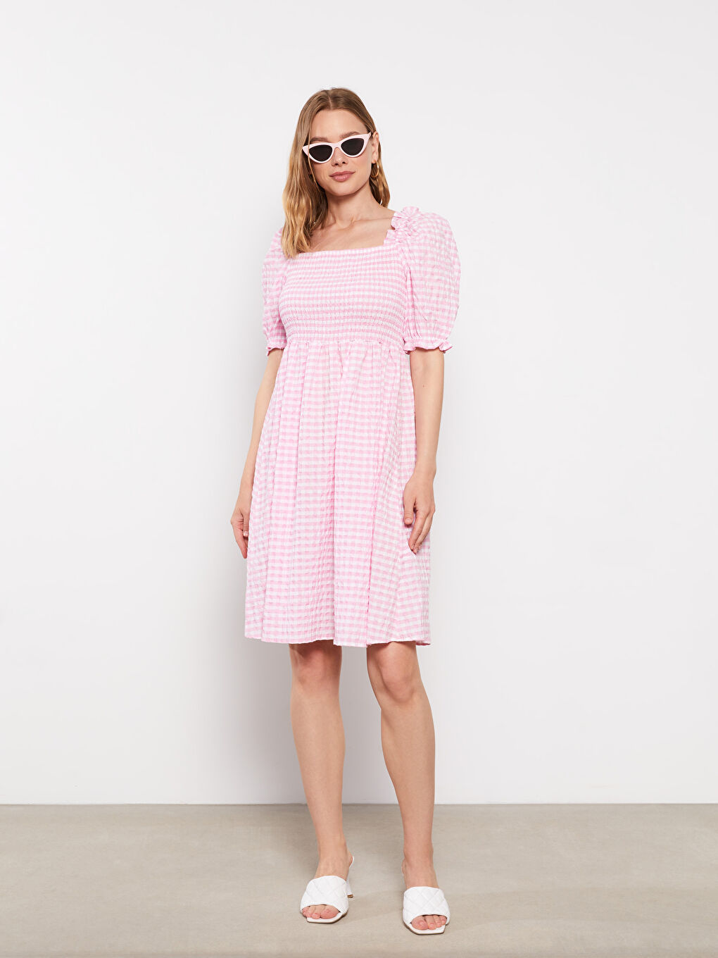 Pembe Kare Yaka Ekose Kısa Kollu Poplin Hamile Elbise-2