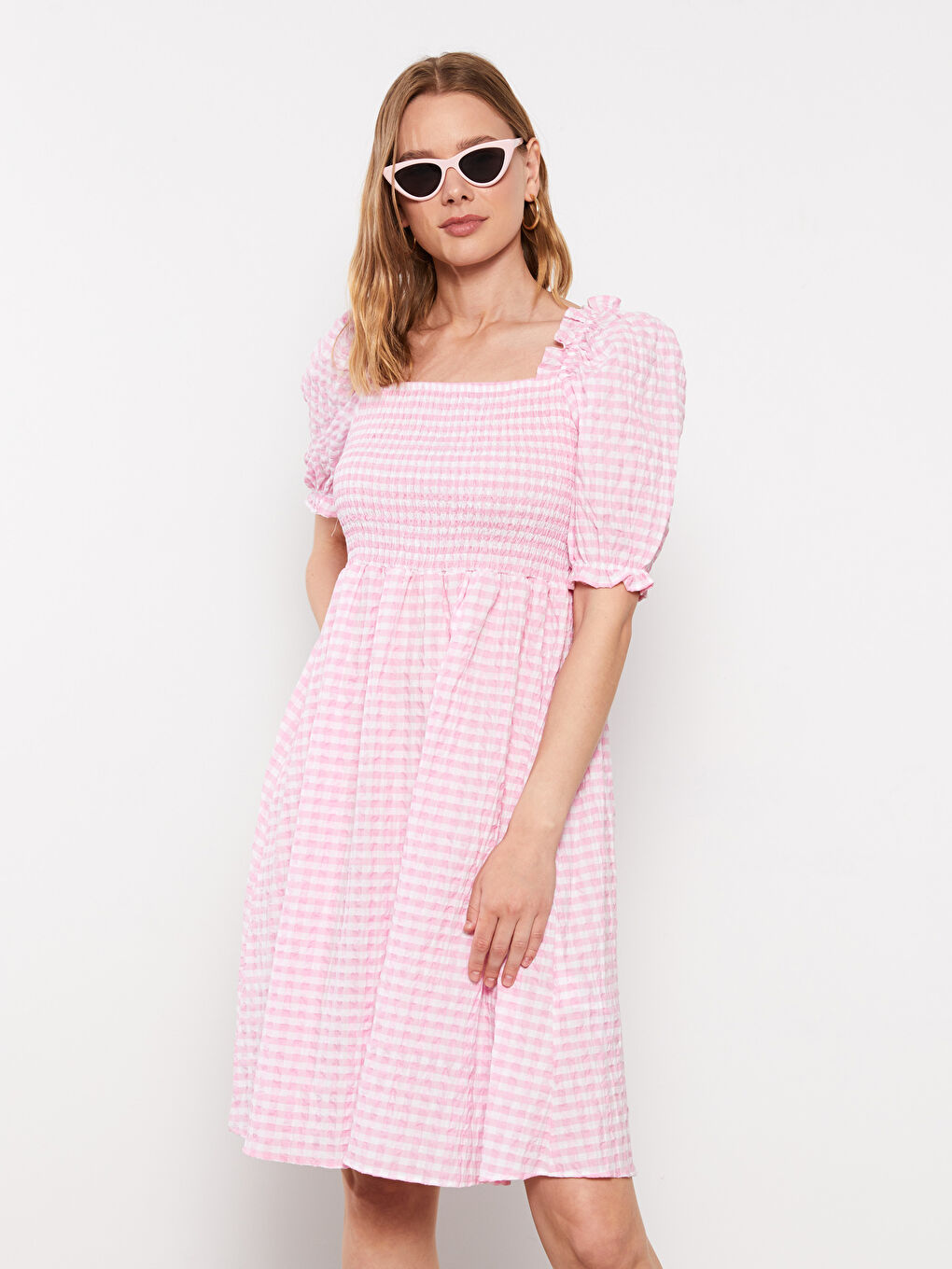 Pembe Kare Yaka Ekose Kısa Kollu Poplin Hamile Elbise-3