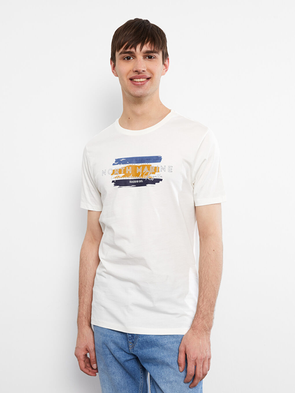 Ekru Bisiklet Yaka Kısa Kollu Baskılı Penye Erkek Tişört-2