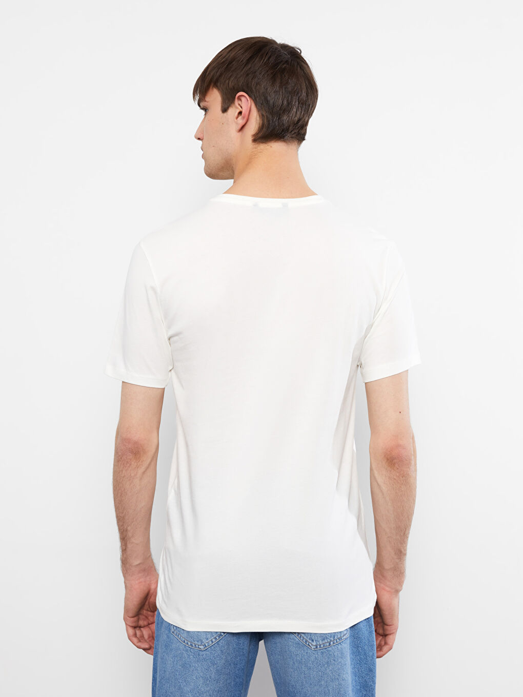 Ekru Bisiklet Yaka Kısa Kollu Baskılı Penye Erkek Tişört-4