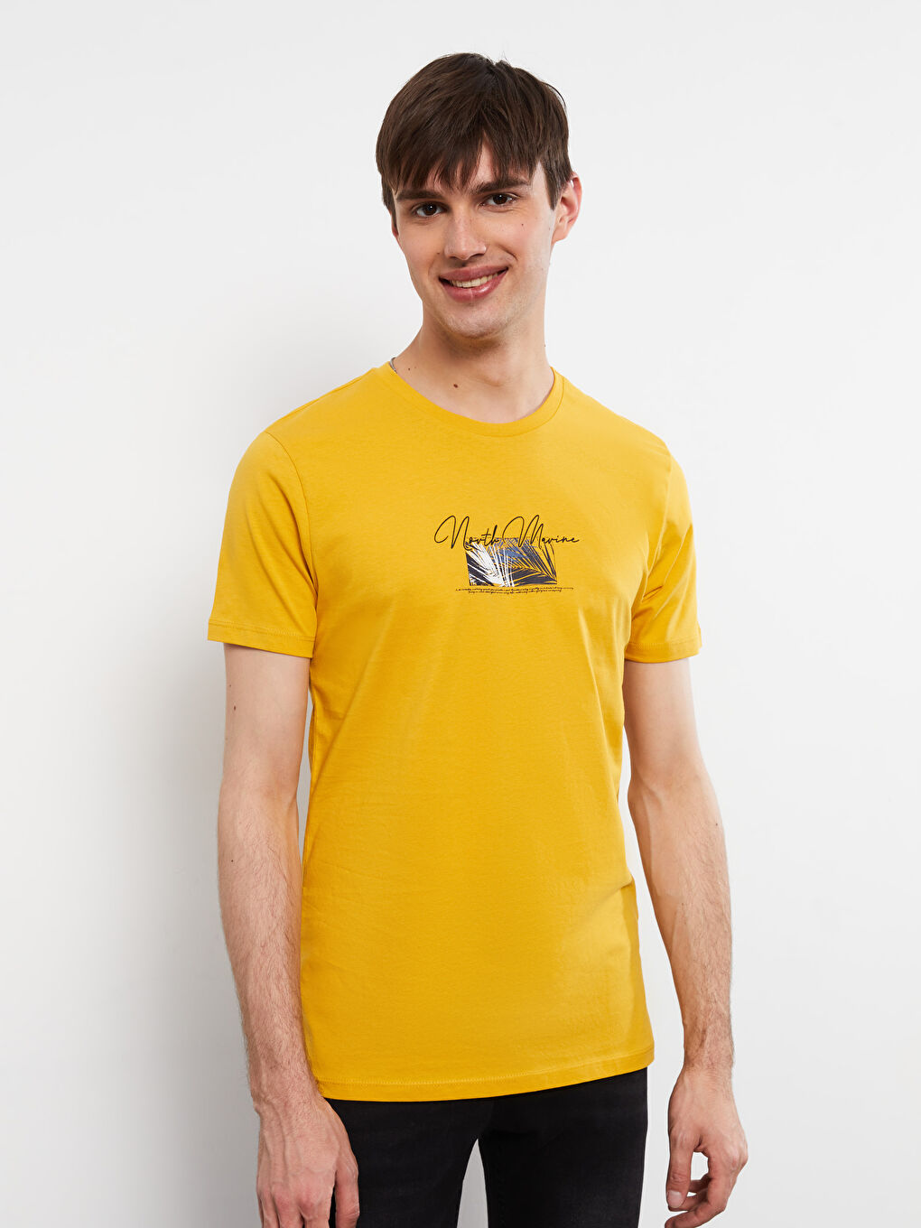 Sarı Bisiklet Yaka Kısa Kollu Baskılı Penye Erkek Tişört