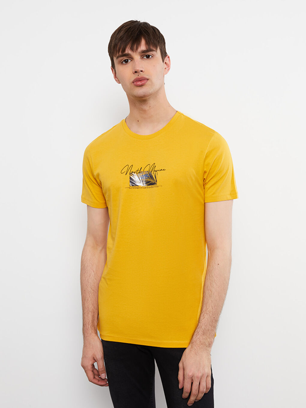 Sarı Bisiklet Yaka Kısa Kollu Baskılı Penye Erkek Tişört-1