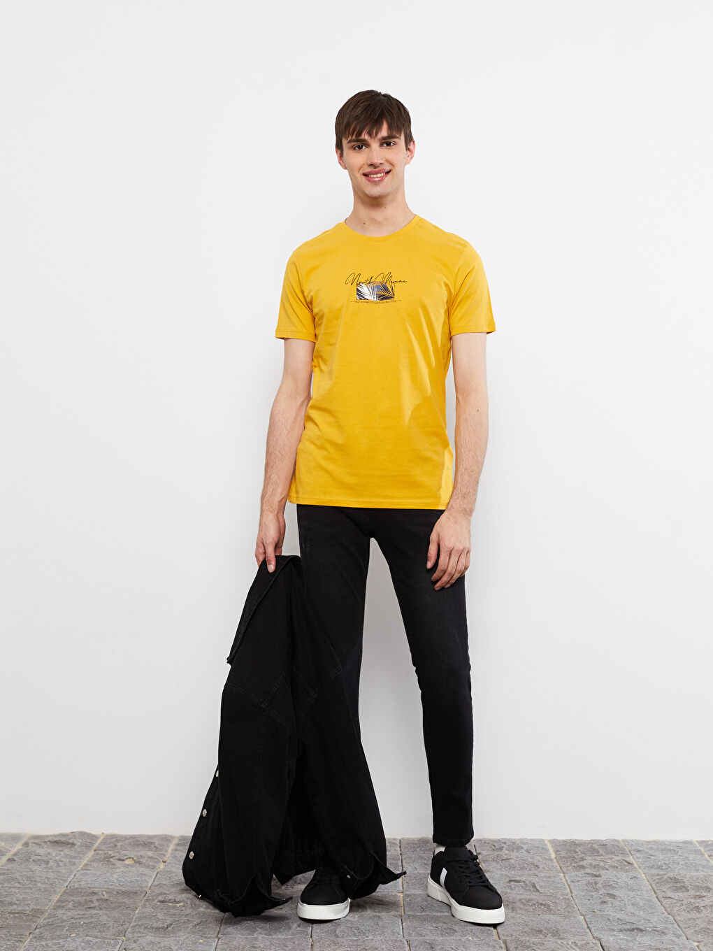 Sarı Bisiklet Yaka Kısa Kollu Baskılı Penye Erkek Tişört-2