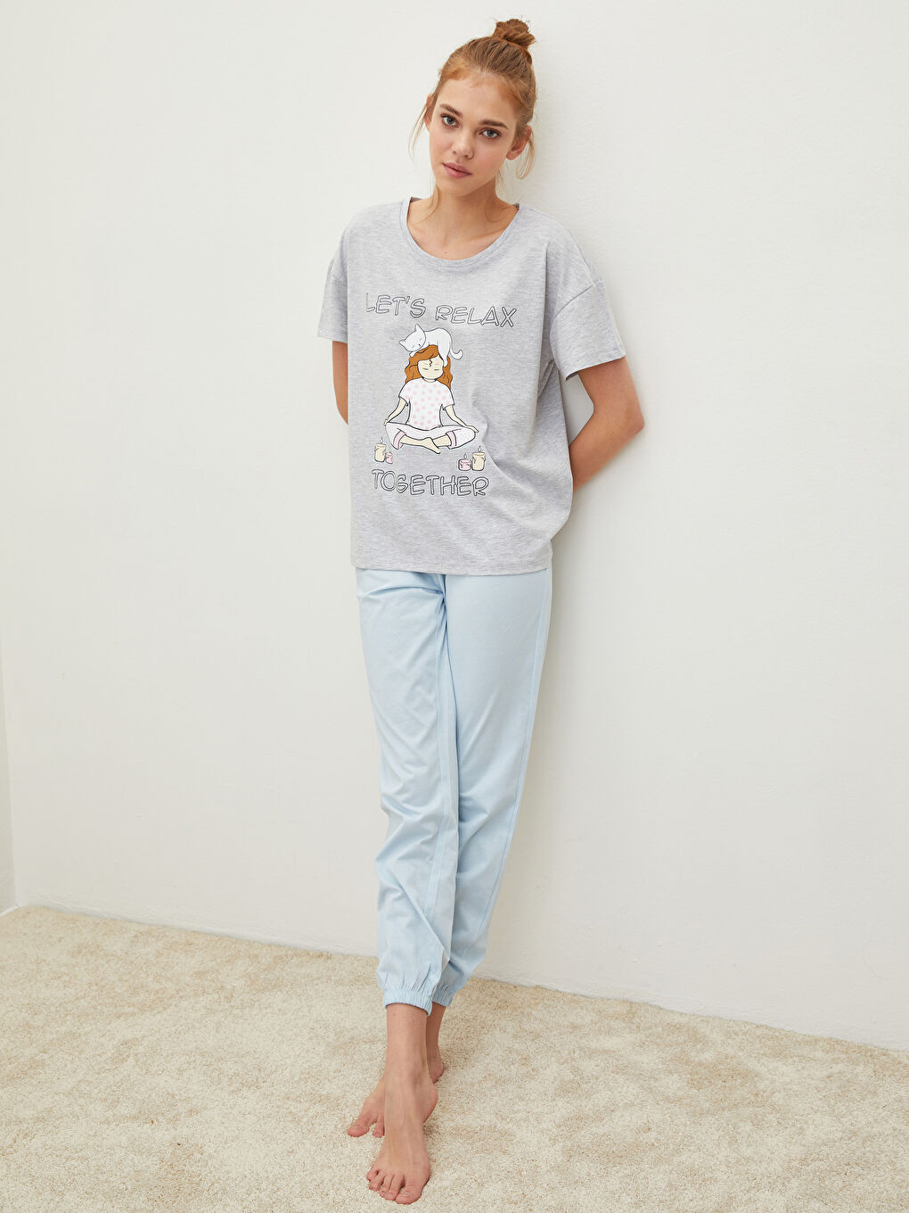 Mavi Bisiklet Yaka Baskılı Kısa Kollu Kadın Pijama Takımı-1