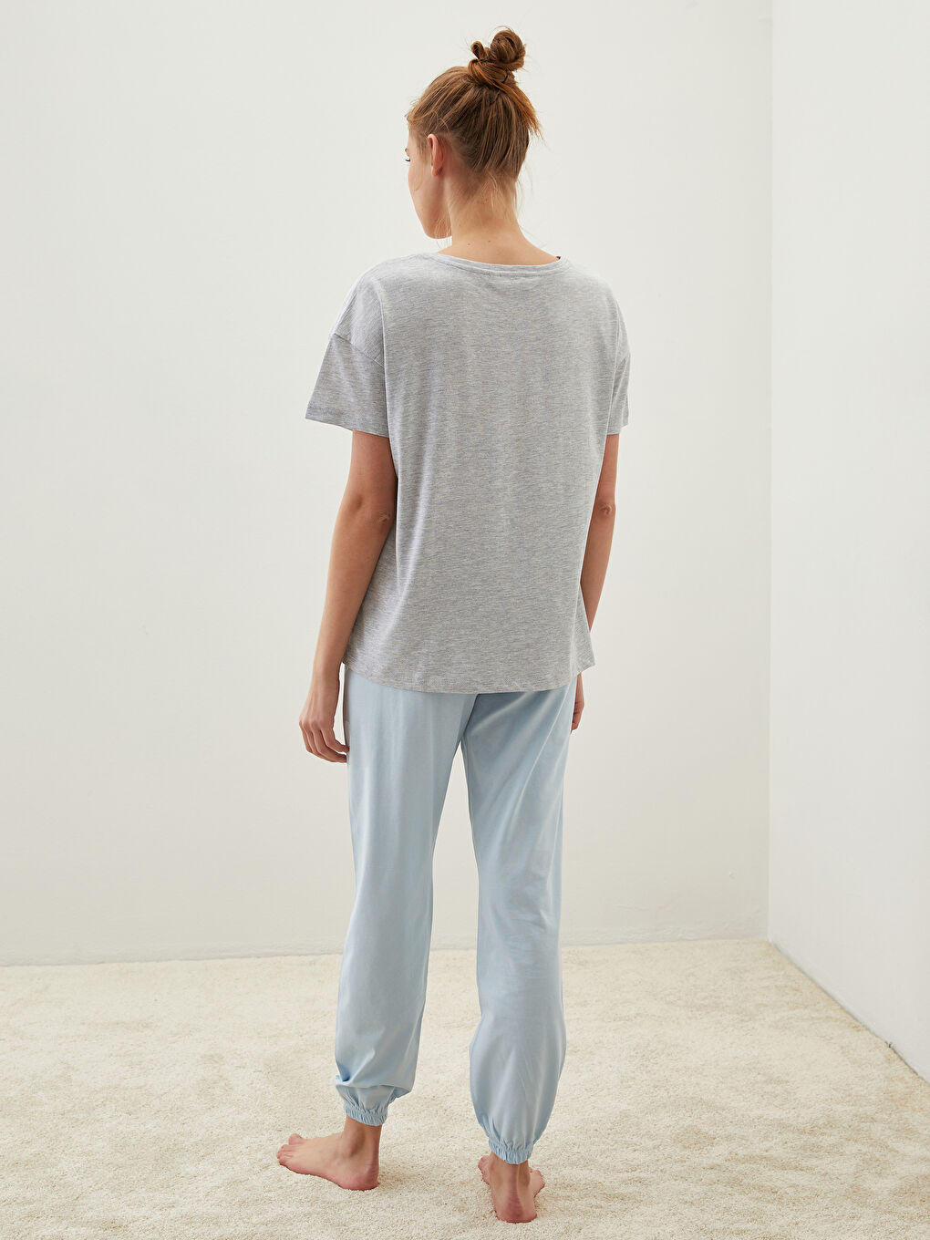 Mavi Bisiklet Yaka Baskılı Kısa Kollu Kadın Pijama Takımı-3