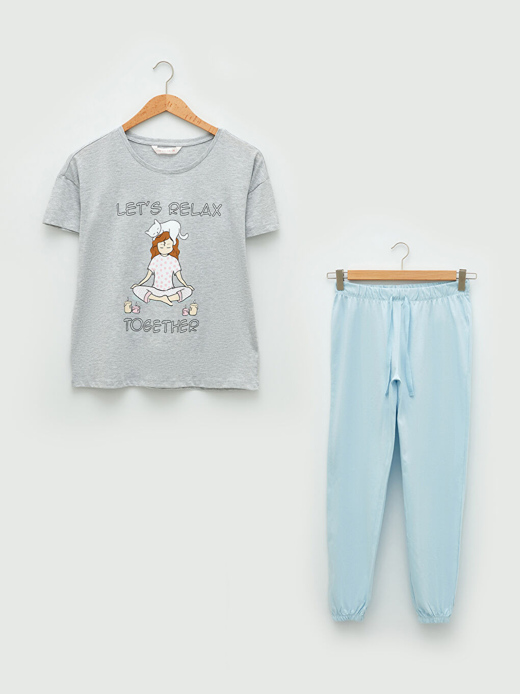 Mavi Bisiklet Yaka Baskılı Kısa Kollu Kadın Pijama Takımı-4