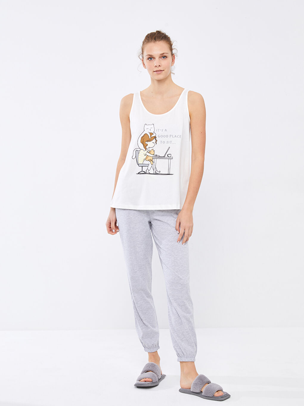 Gri Kadın U Yaka Baskılı Kolsuz Pijama Takımı-2