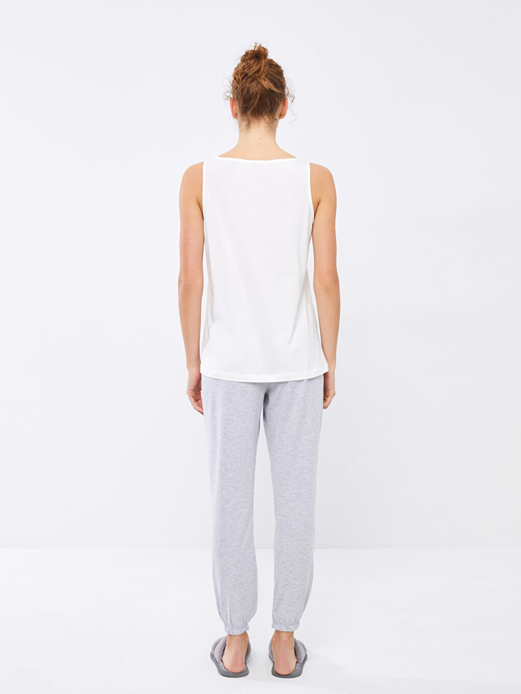 Gri Kadın U Yaka Baskılı Kolsuz Pijama Takımı-5