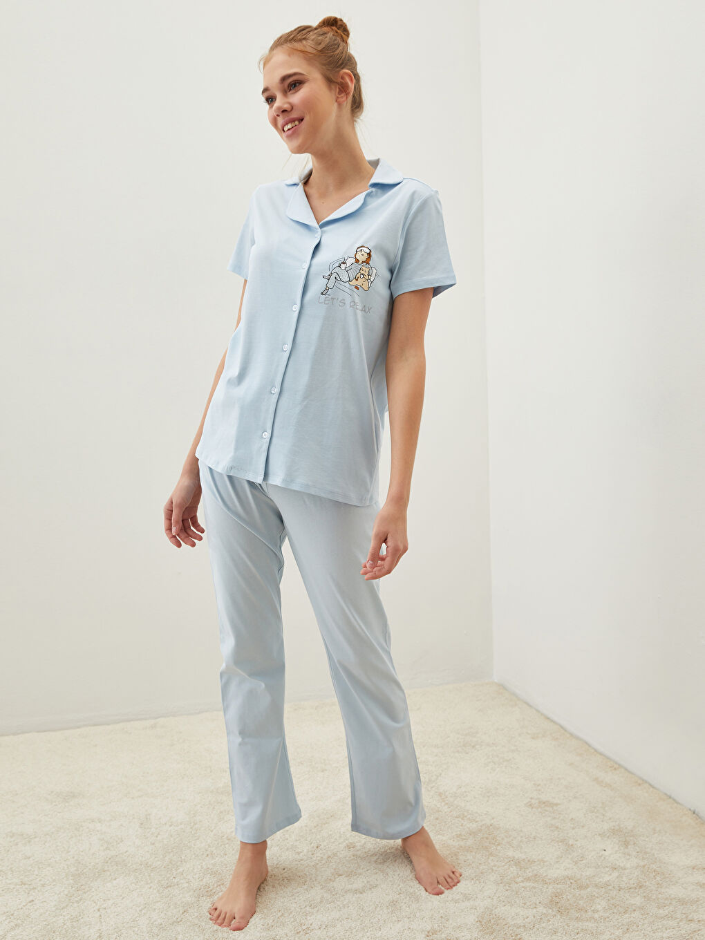 Shirt Neck Printed Short Sleeve Cotton Women's Pajama Set-1