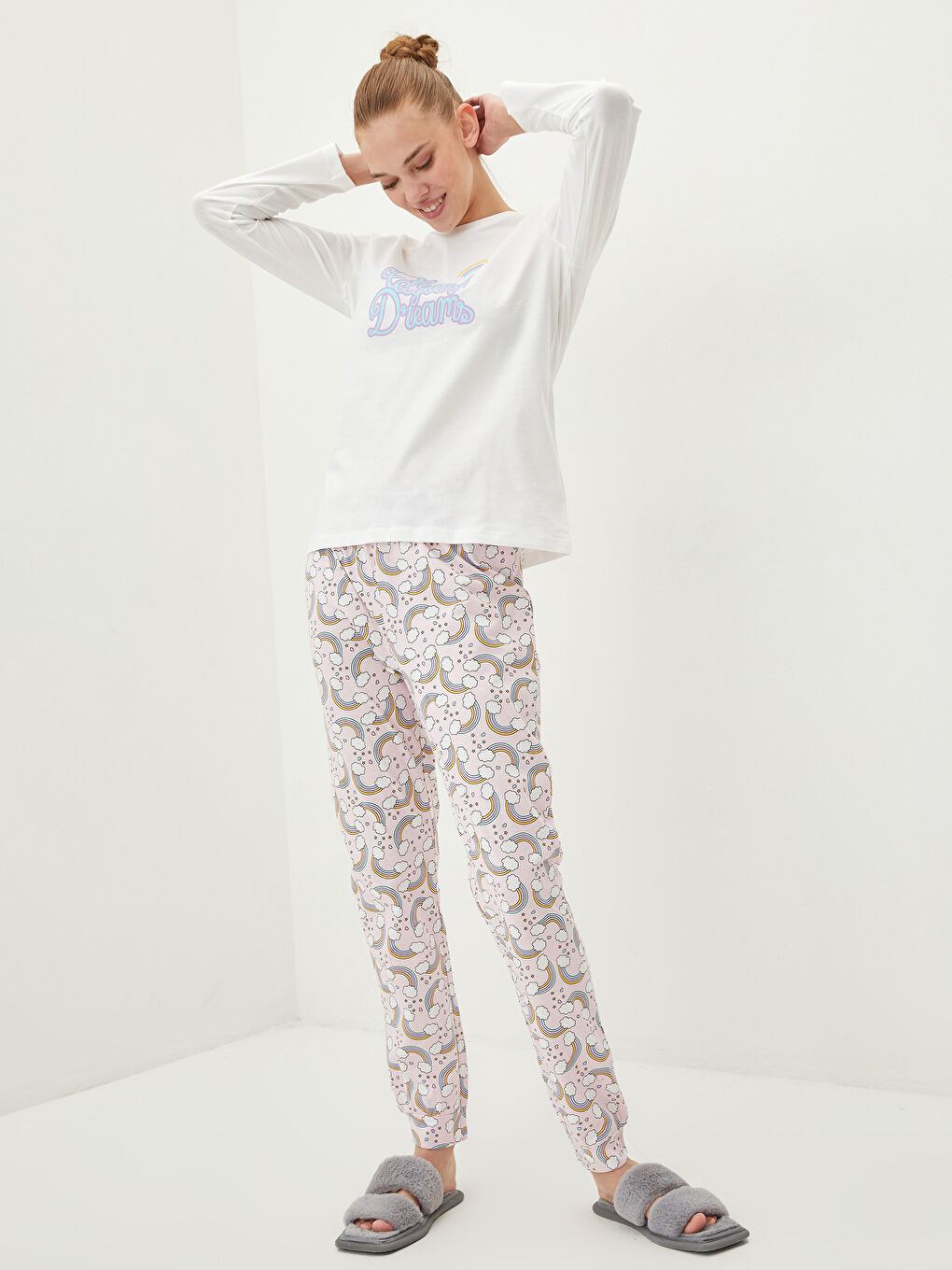 طقم بيجامة كم طويل ياقة دائرية مطبوع قطن للسيدات