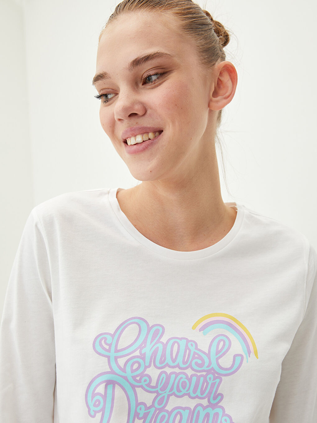 طقم بيجامة كم طويل ياقة دائرية مطبوع قطن للسيدات-1