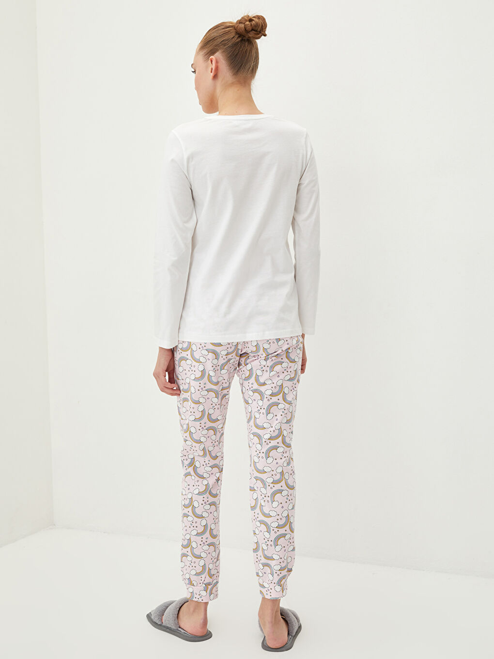 طقم بيجامة كم طويل ياقة دائرية مطبوع قطن للسيدات-4