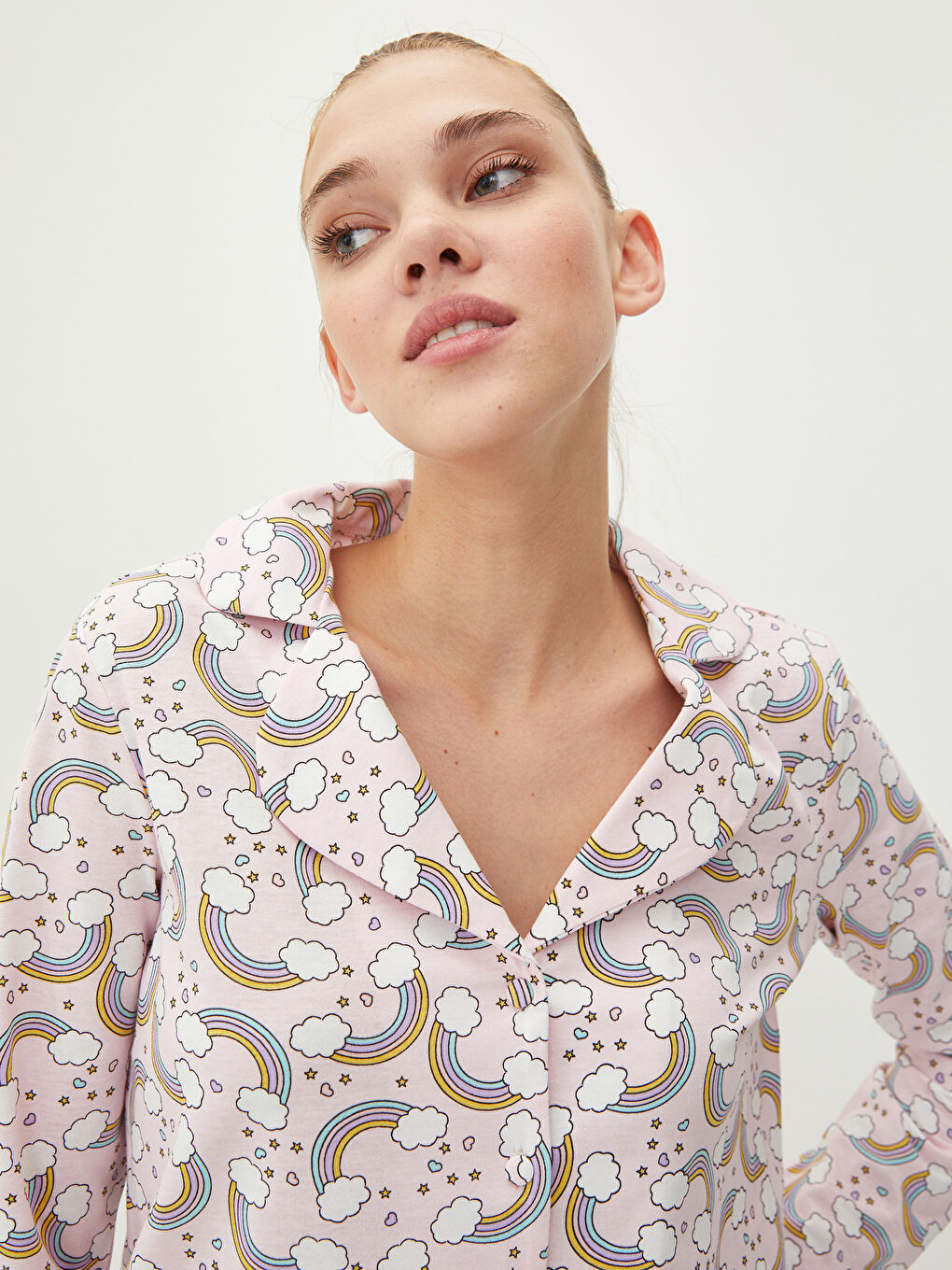 طقم بيجامة قميص ياقة منقوش كم طويل قطن للسيدات-1