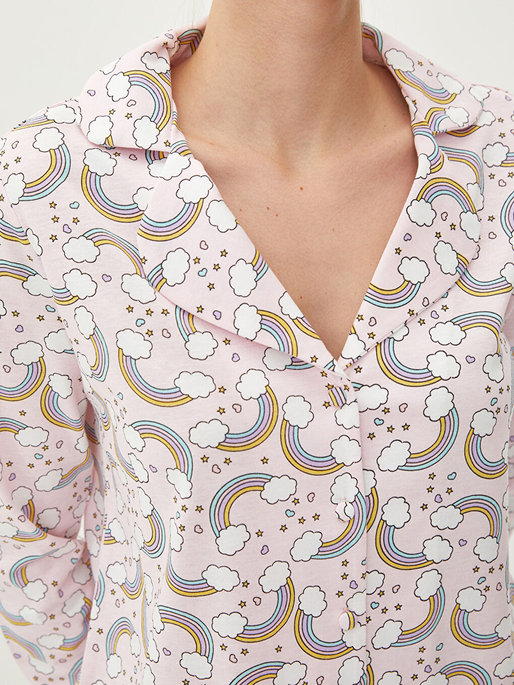 طقم بيجامة قميص ياقة منقوش كم طويل قطن للسيدات-2