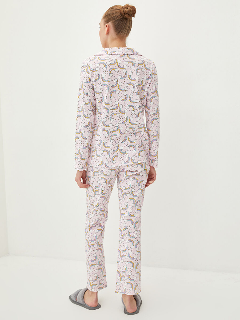 طقم بيجامة قميص ياقة منقوش كم طويل قطن للسيدات-3