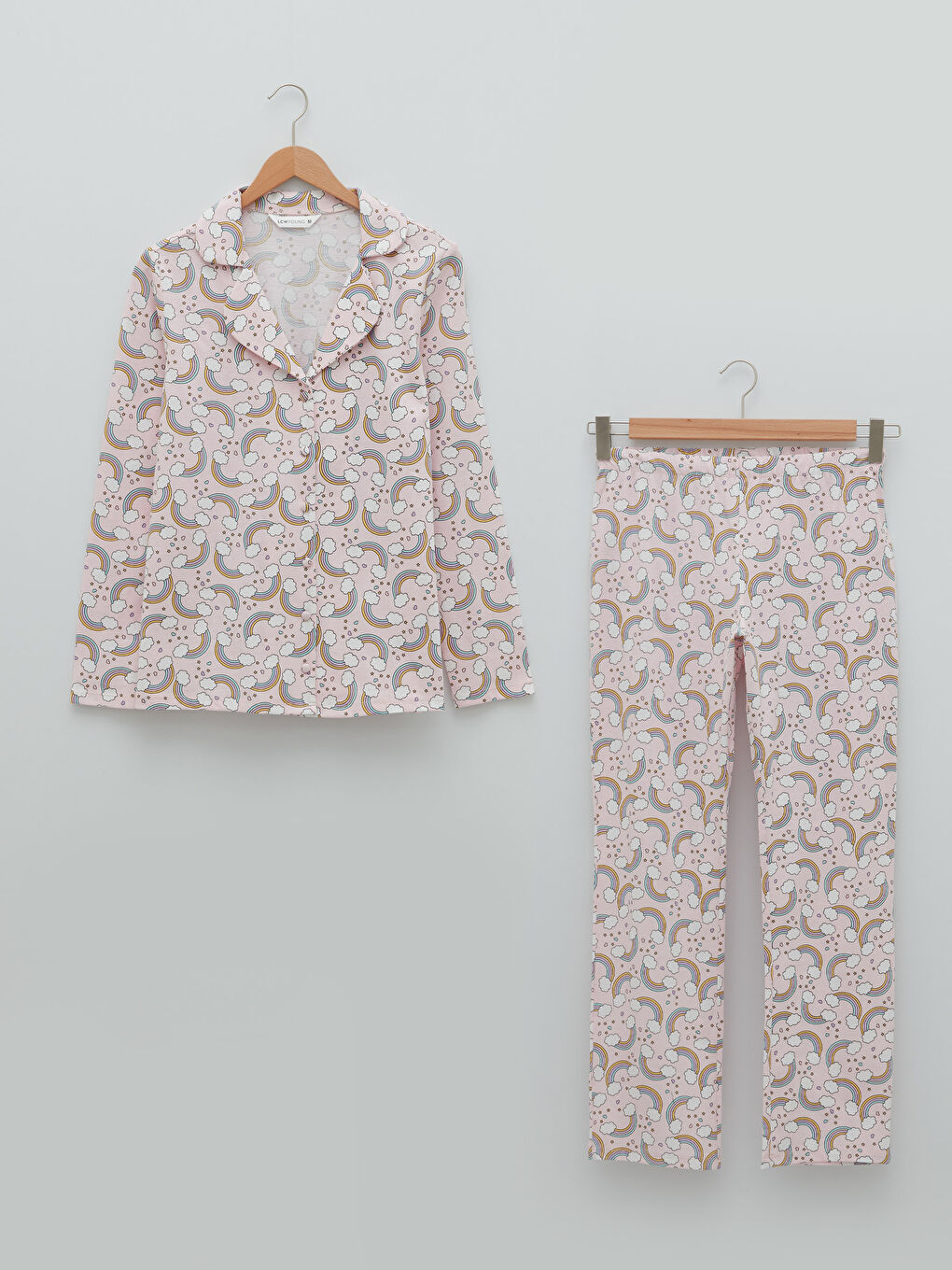 طقم بيجامة قميص ياقة منقوش كم طويل قطن للسيدات-4