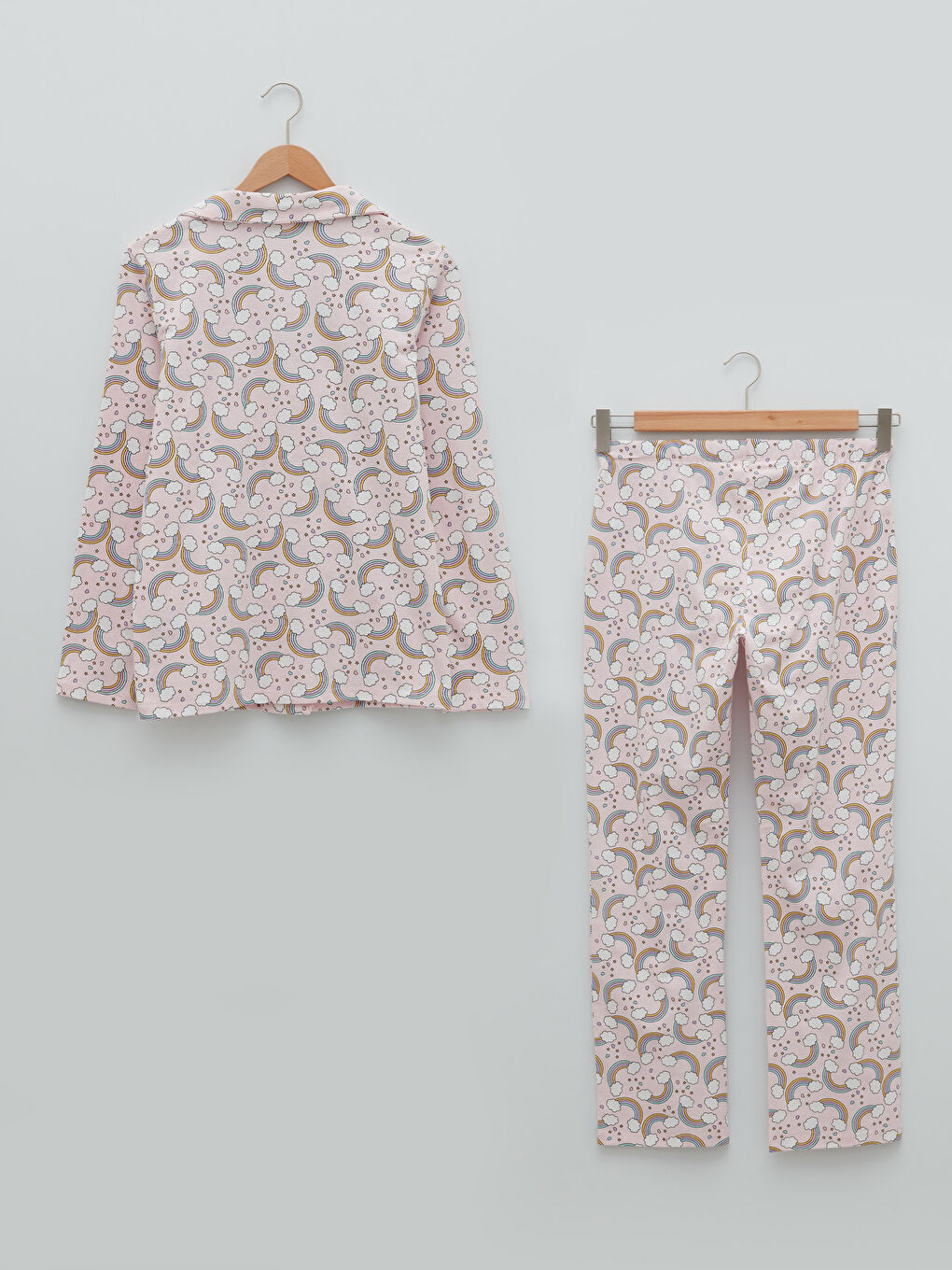 طقم بيجامة قميص ياقة منقوش كم طويل قطن للسيدات-5