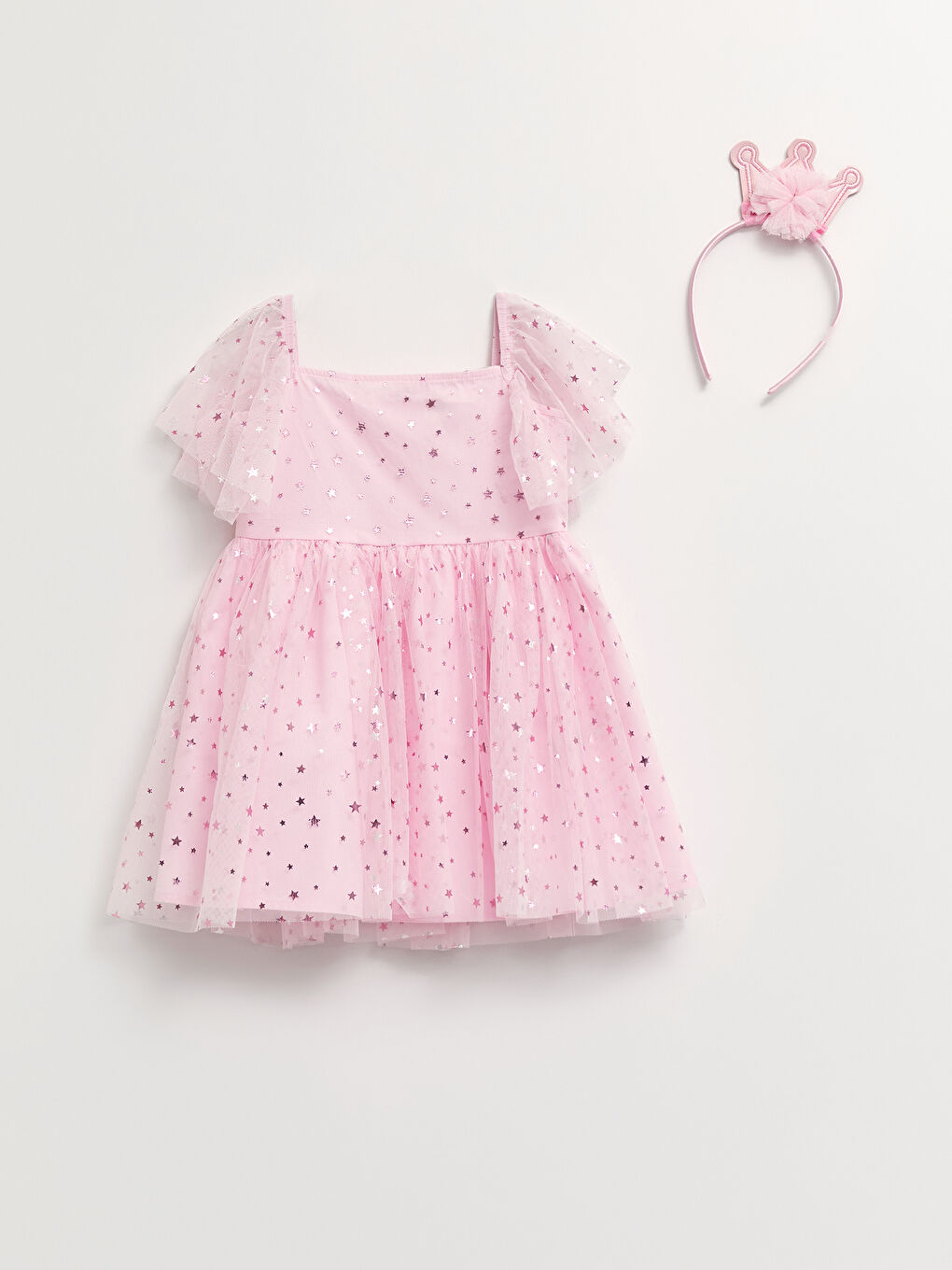 Robe Bébé Fille Imprimée à Col Carré et Manches Courtes avec Couronne Lot de 2