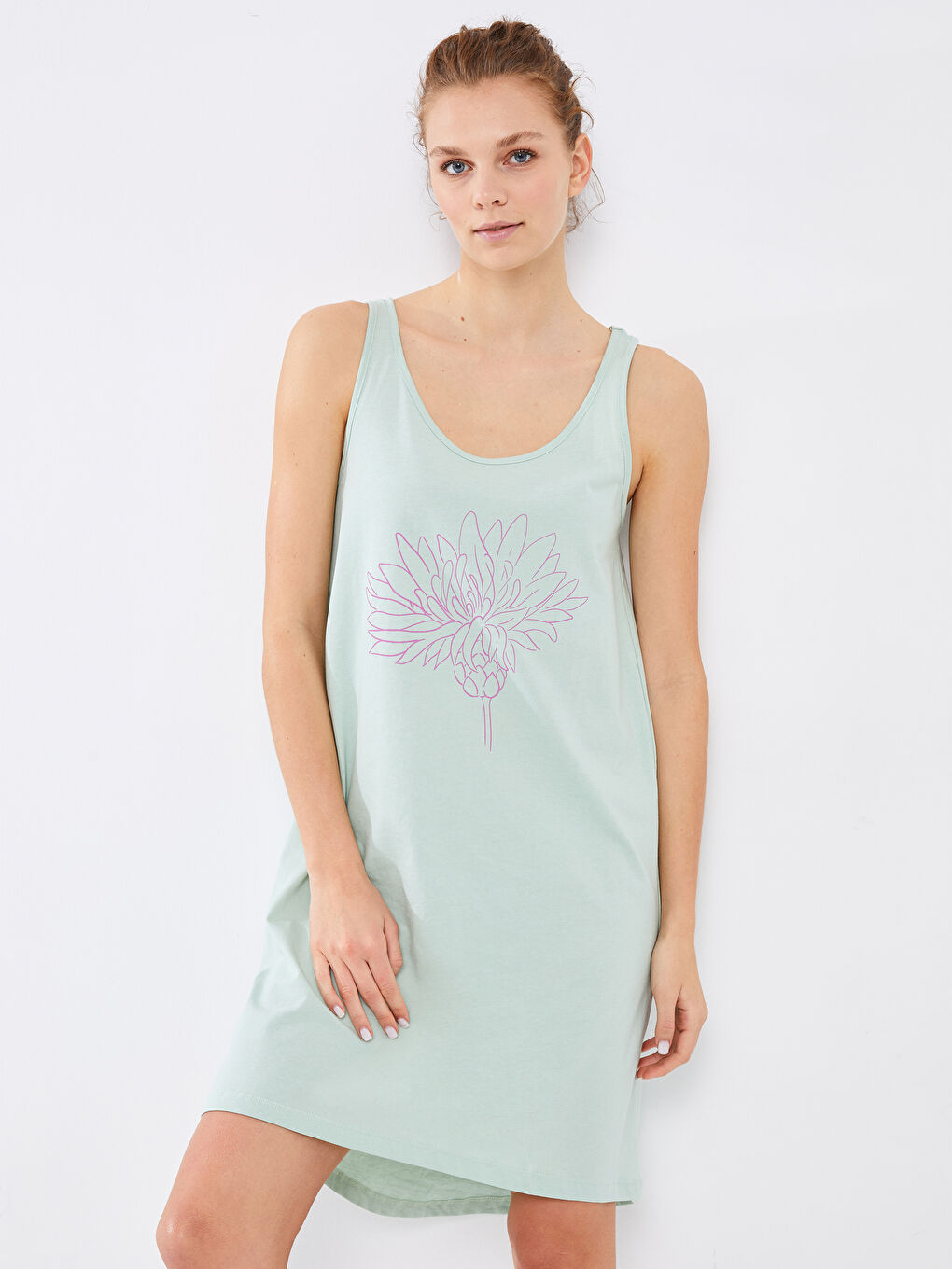 LCW GREEN U Neck Printed Sleeveless Cotton Women's Nightgown -S2FB90Z8-G4G