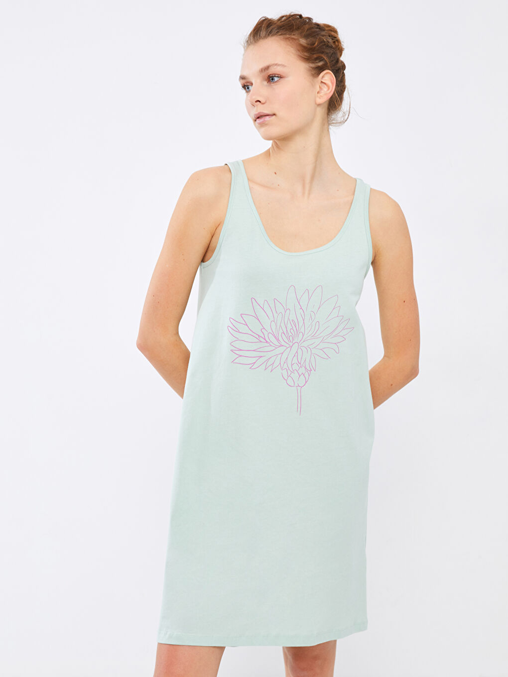 LCW GREEN U Neck Printed Sleeveless Cotton Women's Nightgown -S2FB90Z8-G4G