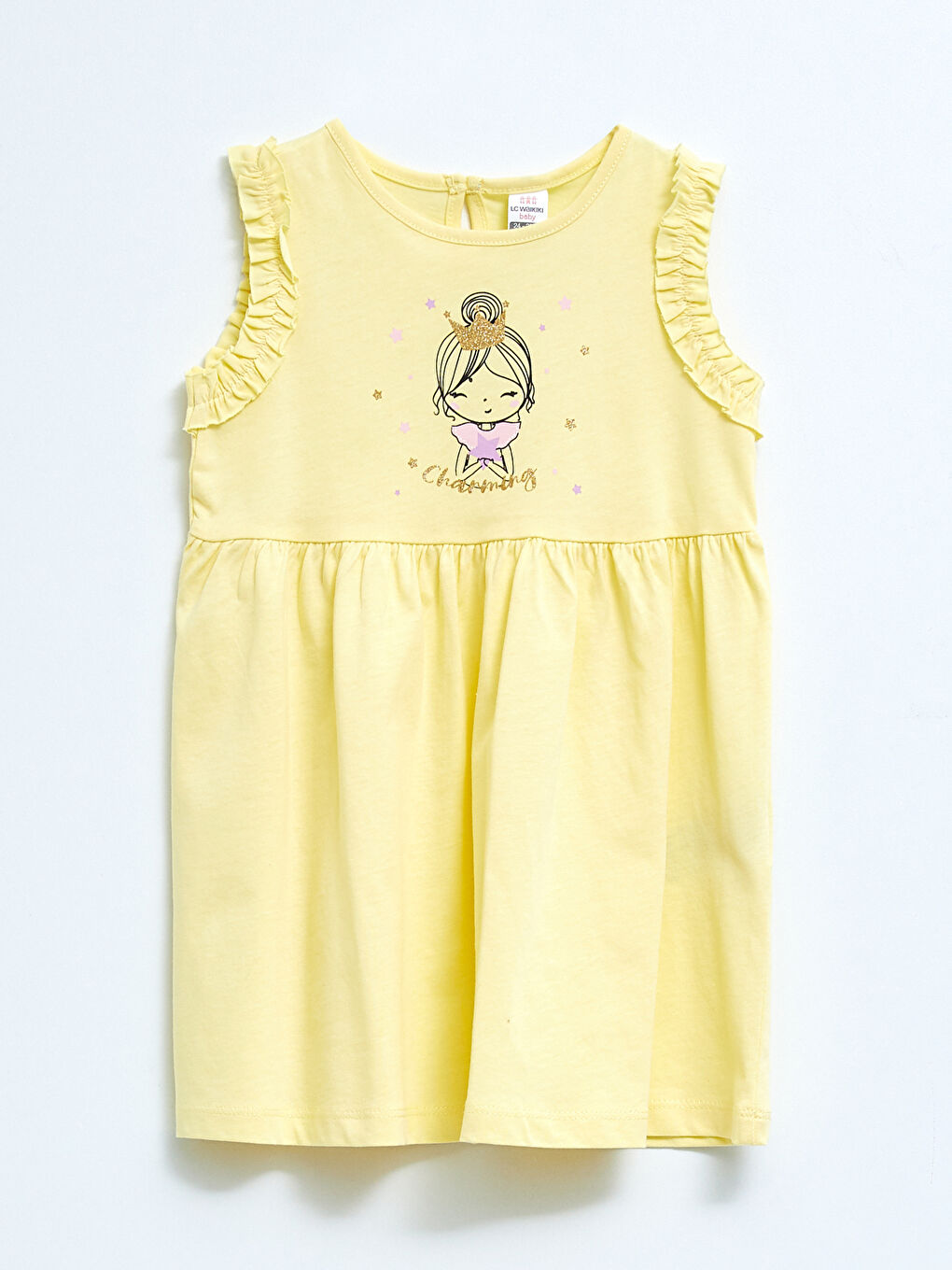 Дөңгелек жағалы принтті мақтадан жасалған қыз балаларға арналған көйлек