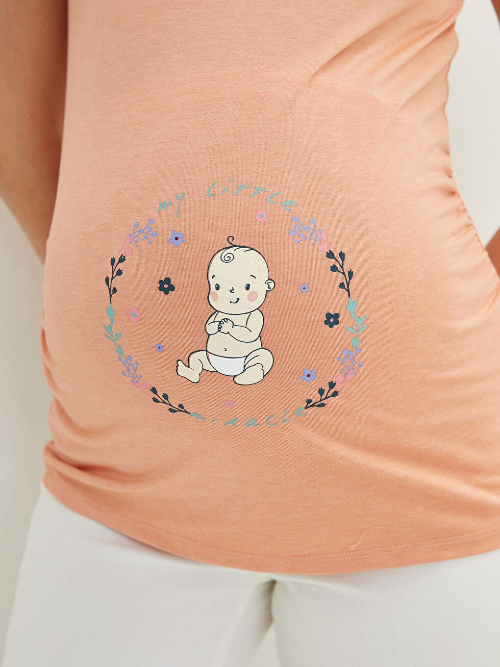 Mercan Bisiklet Yaka Baskılı Kısa Kollu Hamile Tişört-3