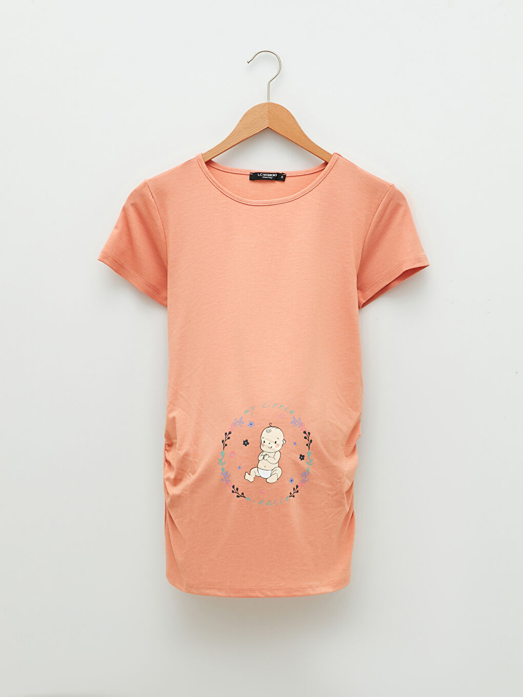 Mercan Bisiklet Yaka Baskılı Kısa Kollu Hamile Tişört-5