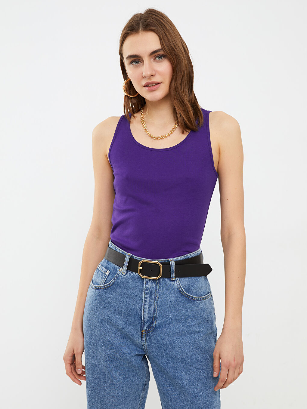 Mor U Yaka Düz Pamuklu Kadın Atlet-1